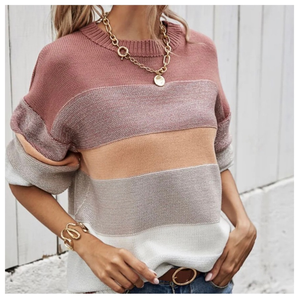 BOHO LOOSE FIT STRIPED COLOR BLOCK KNIT PULLOVER - Picture 6 of 6